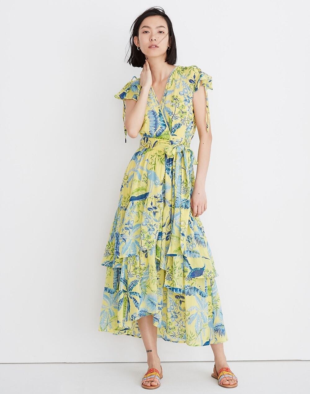 Banjanan Mercy Yellow & Blue Ruffled Layered Midi Dress Size Extra Large